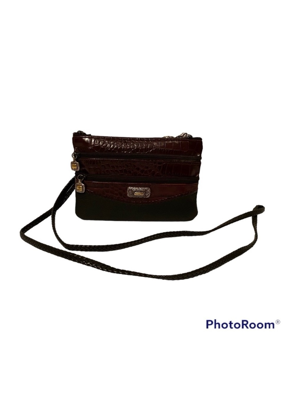 BRIGHTON BAG CROSSBODY VINTAGE BLACK BROWN LEATHER LONG REMOVABLE STRAP ZIP TOP